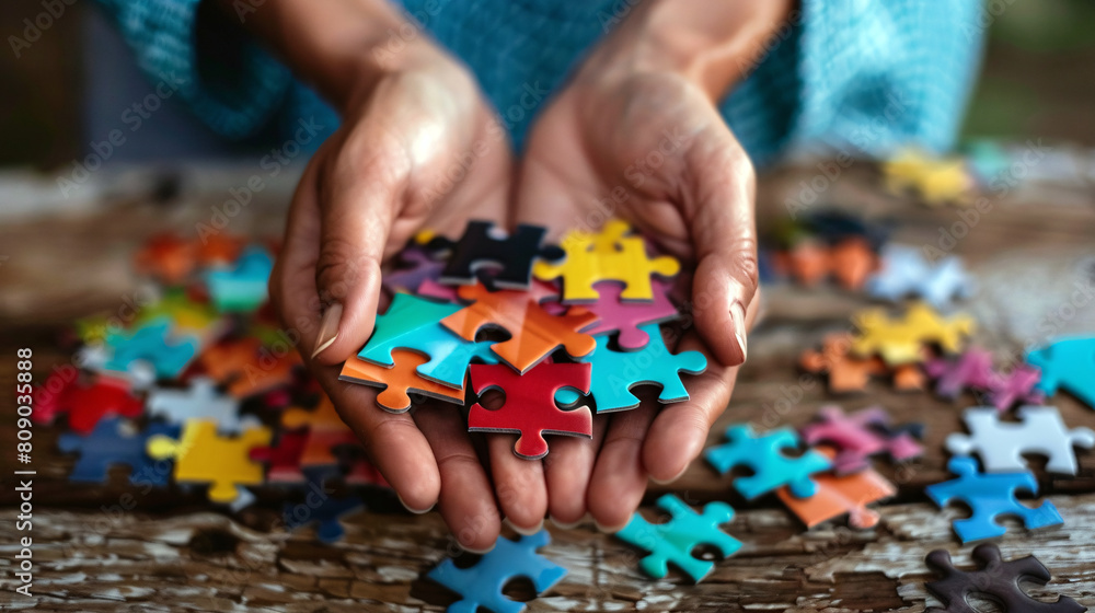 Close up of hands holding puzzle pieces. Hands putting together a puzzle. Strategy, connection, diverse, concept. Close up of hands holding puzzle pieces. Hands putting together a puzzle. Strategy, connection, diverse, concept.