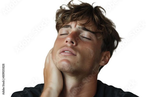 Man with painful expression rubs his neck on isolated transparent background
