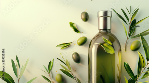 Fresh Olive Oil Bottle Surrounded by Green Olives and Leaves
 photo