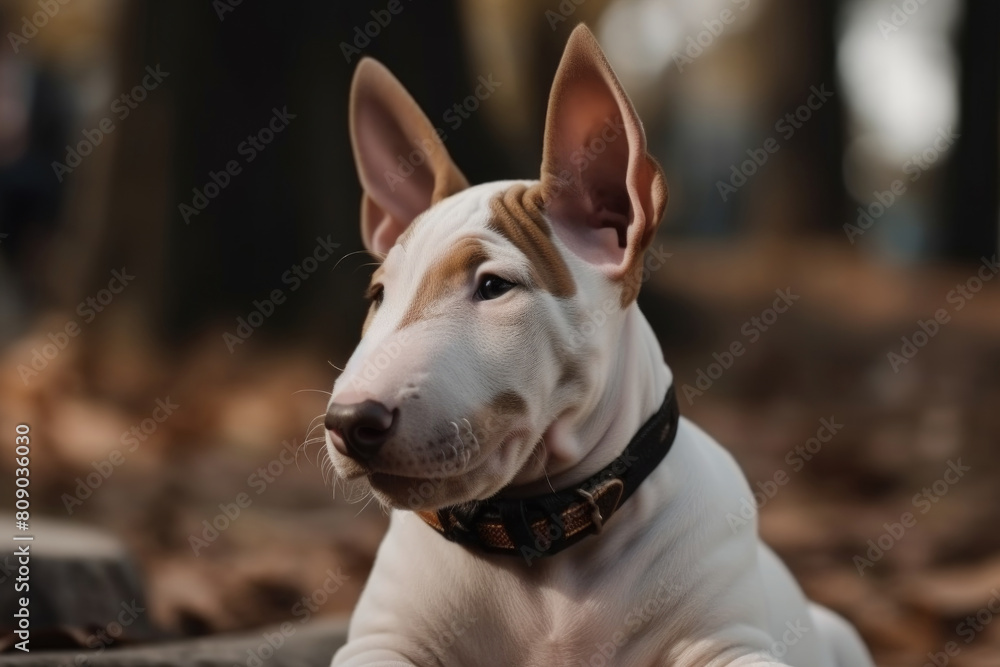 A dog is laying comfortably on the forest floor surrounded by trees and fallen leaves A dog is laying comfortably on the forest floor surrounded by trees and fallen leaves