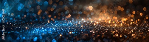 Abstract glitter lights create a stunning backdrop with shades of gold, blue, and black, appearing blurred and out of focus. photo