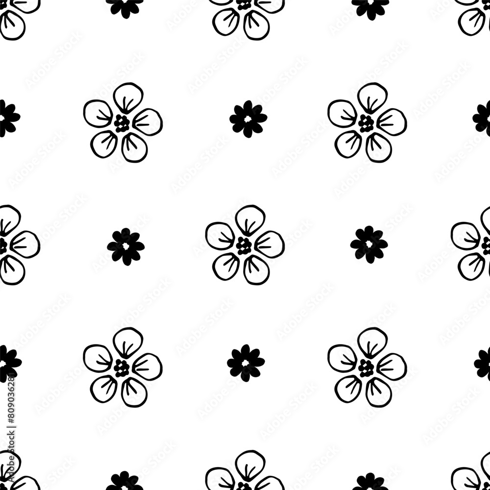 Small black flowers on a white background. Simple floral geometric vector seamless pattern. For fabric prints, textile products, packaging, stationery. Small black flowers on a white background. Simple floral geometric vector seamless pattern. For fabric prints, textile products, packaging, stationery.