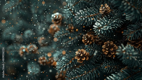 Festive Pine Cones Amidst Snowy Fir Branches Background