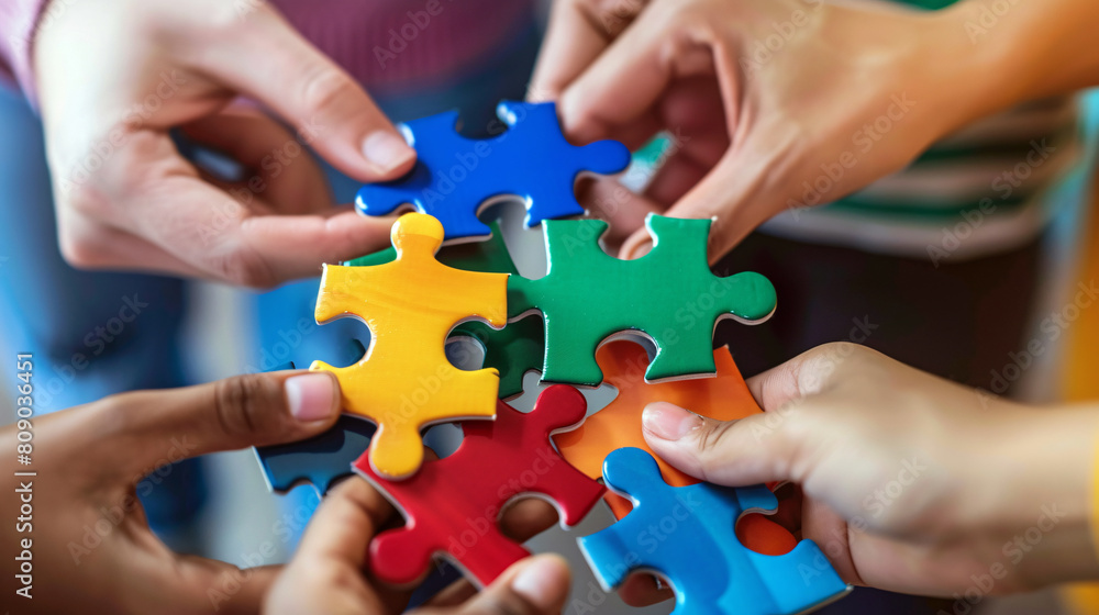 Several hands holding puzzle pieces. Diverse team are try to solving jigsaw puzzle together. Teamwork, strategy, success concept. Several hands holding puzzle pieces. Diverse team are try to solving jigsaw puzzle together. Teamwork, strategy, success concept.