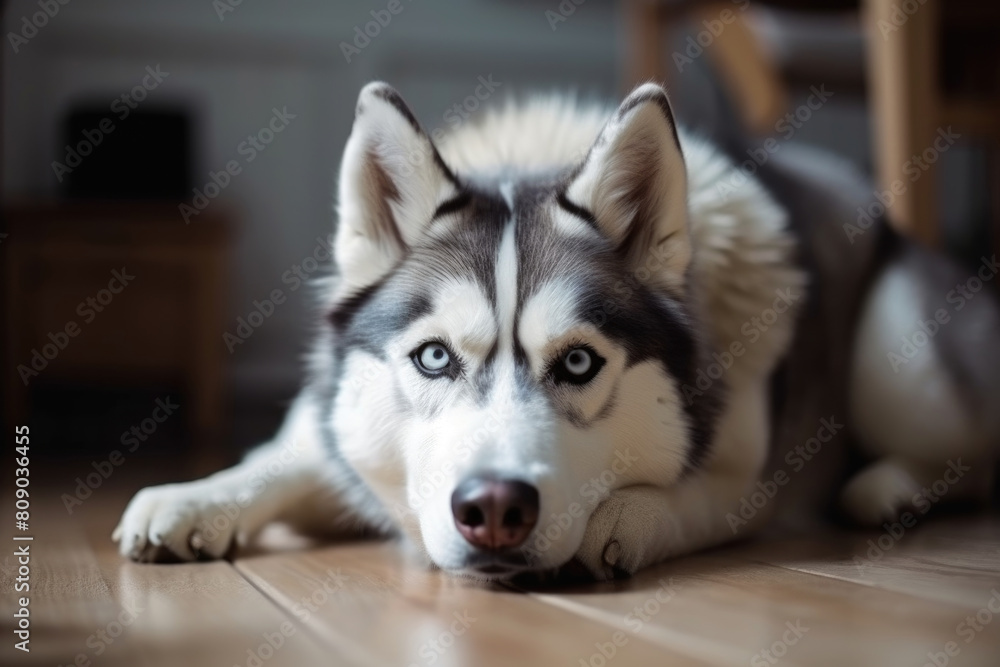 A husky dog with striking eyes is laying on the floor and attentively looking directly at the camera A husky dog with striking eyes is laying on the floor and attentively looking directly at the camera