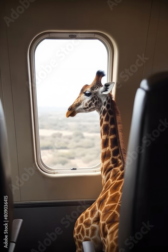 A giraffe is standing next to a window inside an airplane, looking out at the sky photo