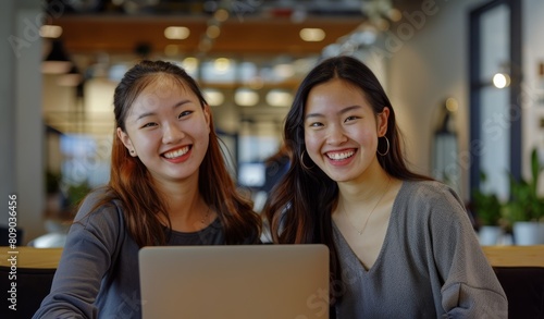 Two beautiful Japanese and Chinese women  smiling  in front of their laptops. They both looking happy and focused on good vibe working period In modern bright corporate Office background.