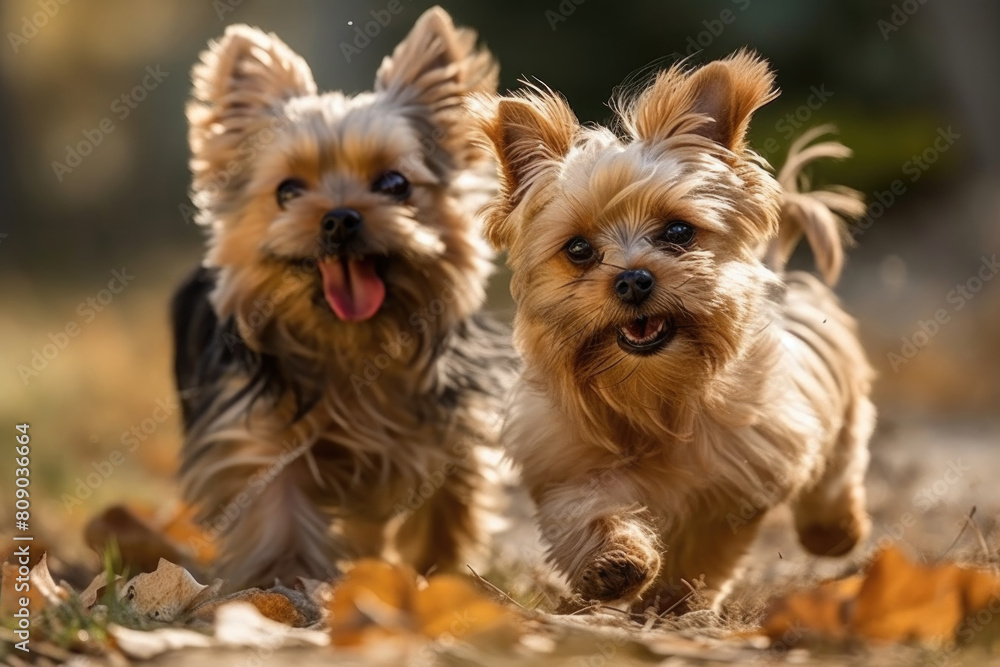 Two small dogs, one brown and one white, energetically running across a vast green field under a clear blue sky Two small dogs, one brown and one white, energetically running across a vast green field under a clear blue sky