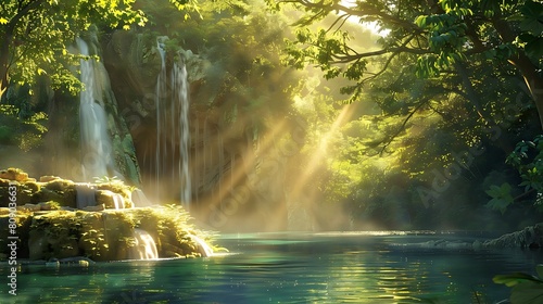 Beneath a canopy of emerald leaves  a hidden waterfall spills into a sun-dappled pool  its waters shimmering in the golden light of dawn. Mist hangs in the air  