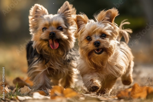 Two small dogs, one brown and one white, energetically running across a vast green field under a clear blue sky