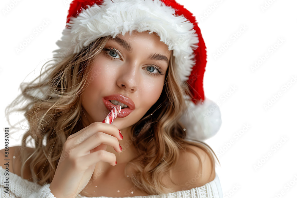 Portrait of cute woman biting christmas candy wearing santa hat. on isolated transparent background Portrait of cute woman biting christmas candy wearing santa hat. on isolated transparent background