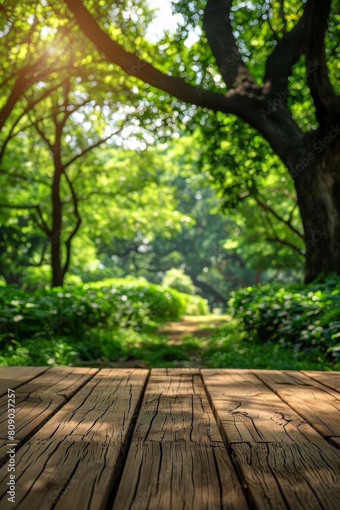 The wooden table is set against a backdrop of a lush green park, perfect for showcasing your items or creating a montage. The wooden table is set against a backdrop of a lush green park, perfect for showcasing your items or creating a montage.