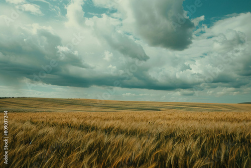 Expansive wheat field with golden stalks swaying beneath a dramatic stormy sky
