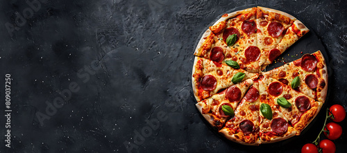 Pepperoni pizza with mozzarella cheese, tomatoes and basil on black background,copy space for text.