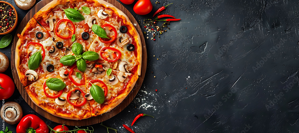 Fresh pizza on table with mushrooms, tomatoes and basil on a dark background,copy space for text.