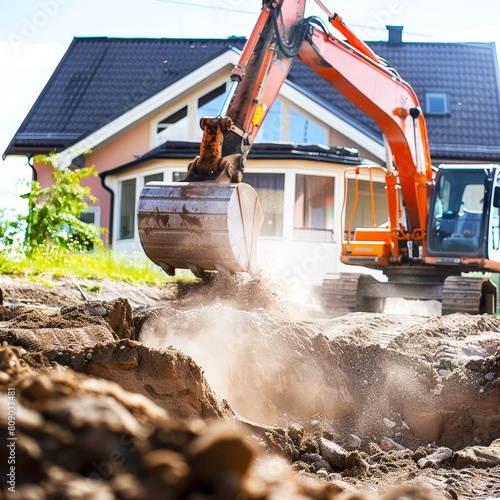 excavator is digging the ground in front of a house on a sunny day photo