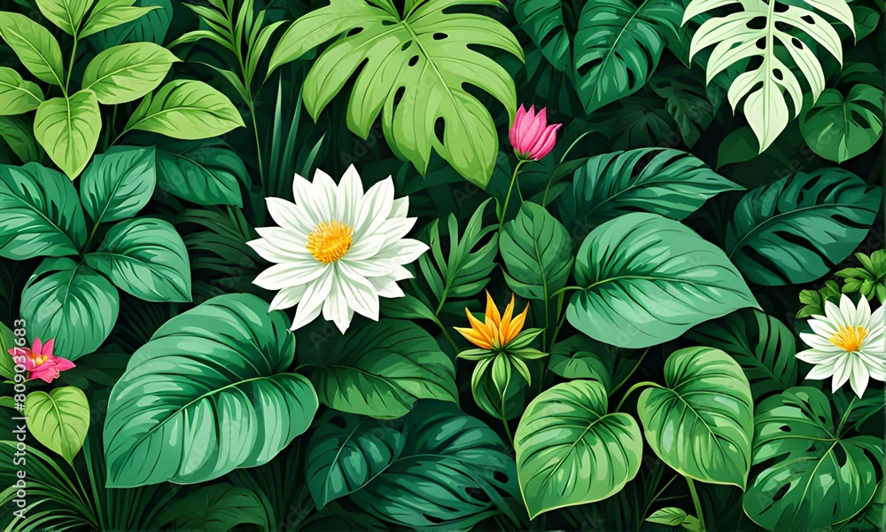 Naklejka premium Botanical green leaf and flower background