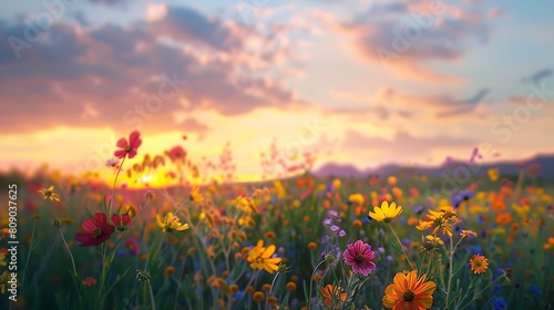 Beneath a sky ablaze with the colors of sunset, a field of wildflowers stretches out as far as the eye can see. Each blossom sways gently in the breeze, their 