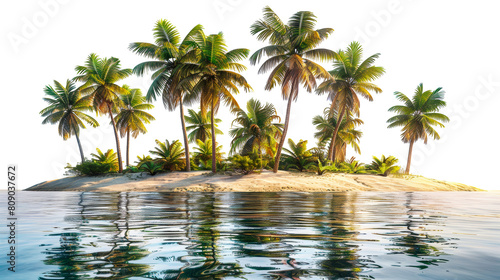 Illustration of a lush tropical island with palm trees and beach isolated on transparent background png