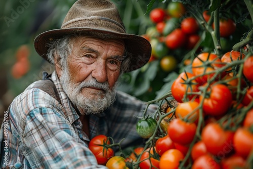 An old farmer attentively checks tomato vines, encapsulating the essence of agrarian life and expertise