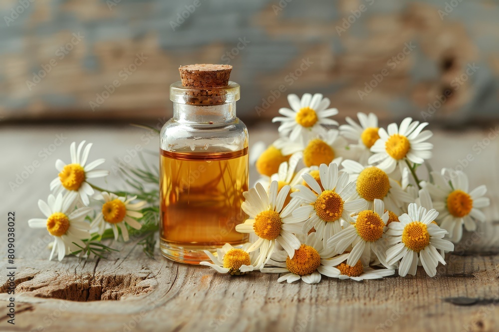 Set against a wooden backdrop, an amber glass bottle is surrounded by delicate chamomile flowers, evoking notions of natural beauty and holistic health Set against a wooden backdrop, an amber glass bottle is surrounded by delicate chamomile flowers, evoking notions of natural beauty and holistic health