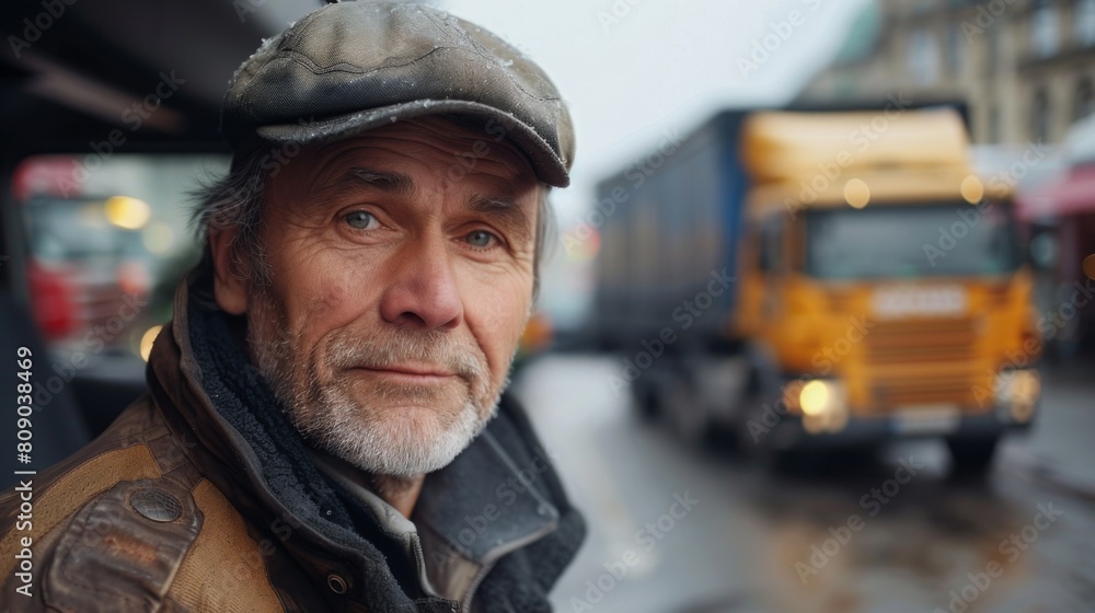 A man wearing a hat and jacket is standing on a street. A man wearing a hat and jacket is standing on a street.