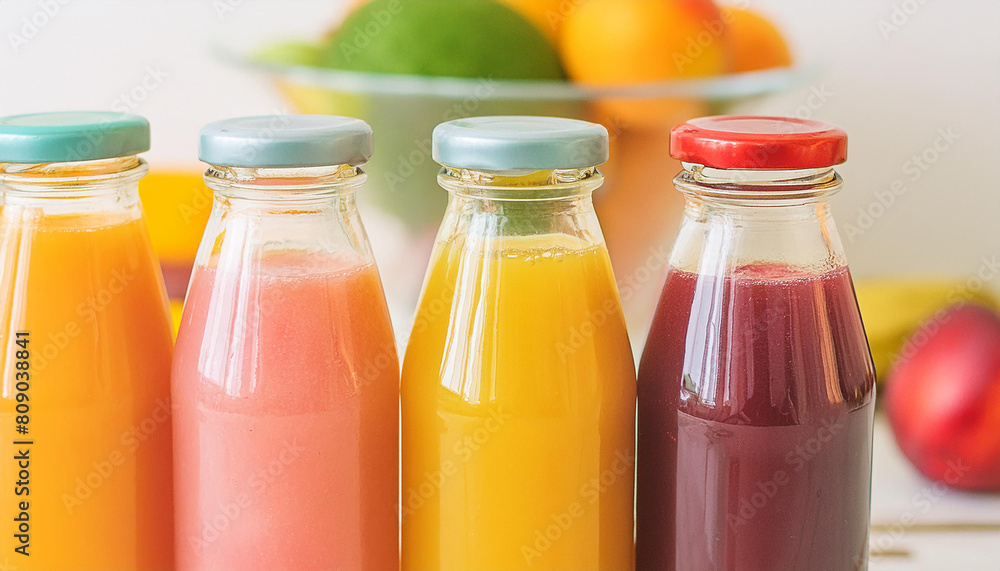 Glass bottles of smoothies of different colors. Refreshing drinks. Tasty beverages. Detox drink Glass bottles of smoothies of different colors. Refreshing drinks. Tasty beverages. Detox drink