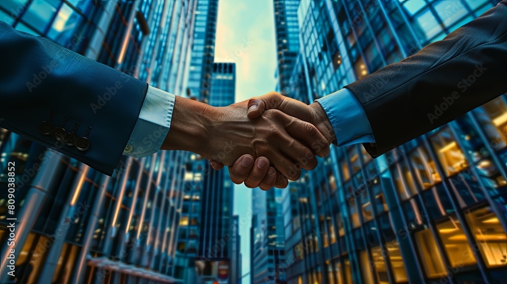 Business professionals in close-up handshake. Representing successful agreement and partnership Business professionals in close-up handshake. Representing successful agreement and partnership