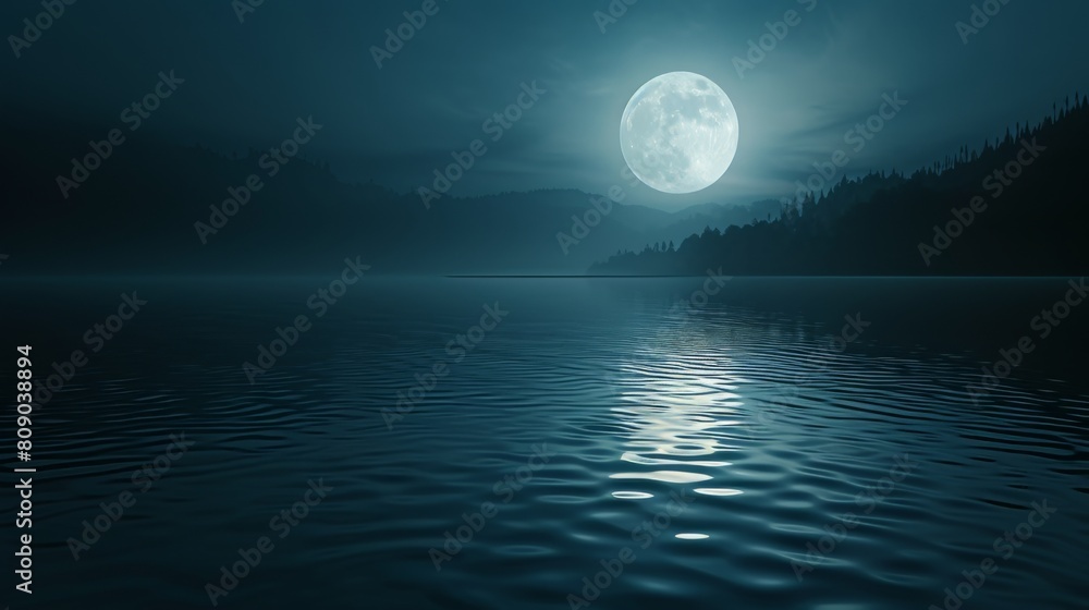 Full moon over a tranquil lake with mountain silhouette