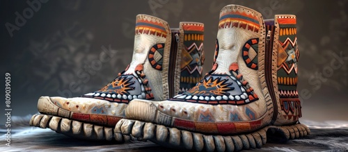 Intricately Decorated Traditional Native American Ghost Moccasins on Dark Background photo