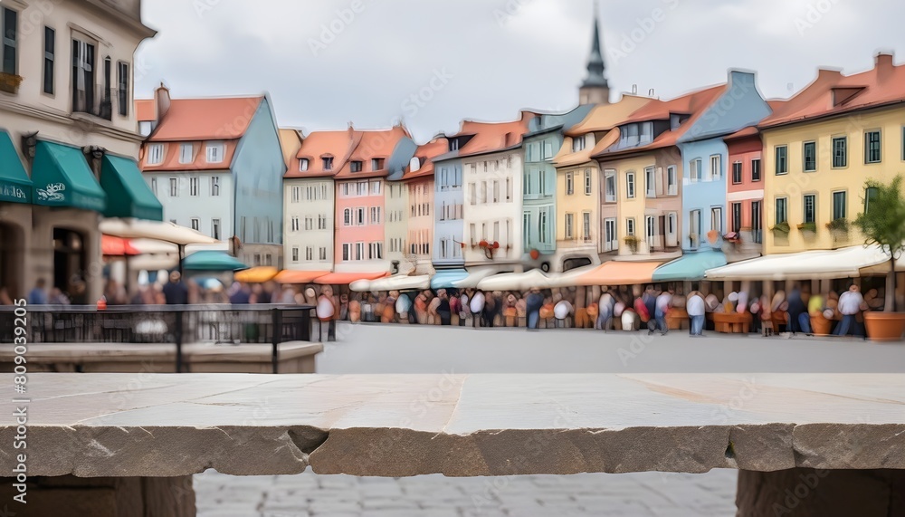 A stone table or ledge in the foreground, with a blurred view of a town square in the background