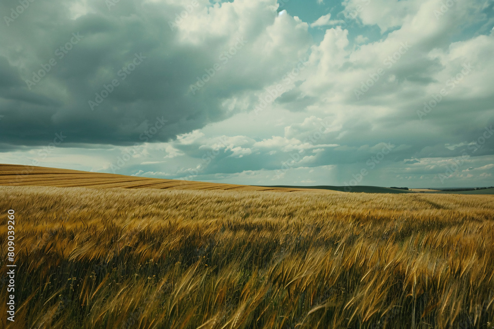 Wide view of a golden wheat field under a stormy sky with distant trees