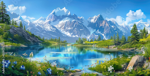 A picturesque mountain landscape with snowcapped peaks, reflecting in the clear blue sky and surrounded by lush greenery and vibrant wildflowers.