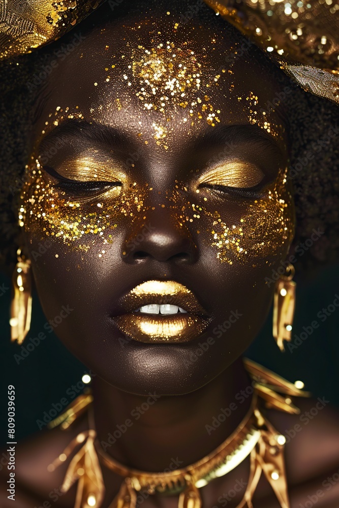 african American model with gold makeup and gold accessories african American model with gold makeup and gold accessories
