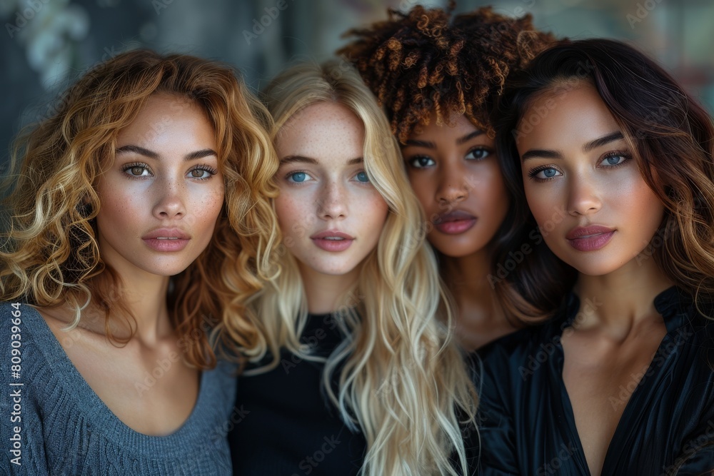 Fototapeta premium Group of four diverse beautiful women with different skin tones posing together showcasing unity in diversity