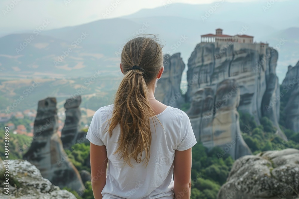 Naklejka premium woman in white t-shirt standing in front of monastery in the mountains