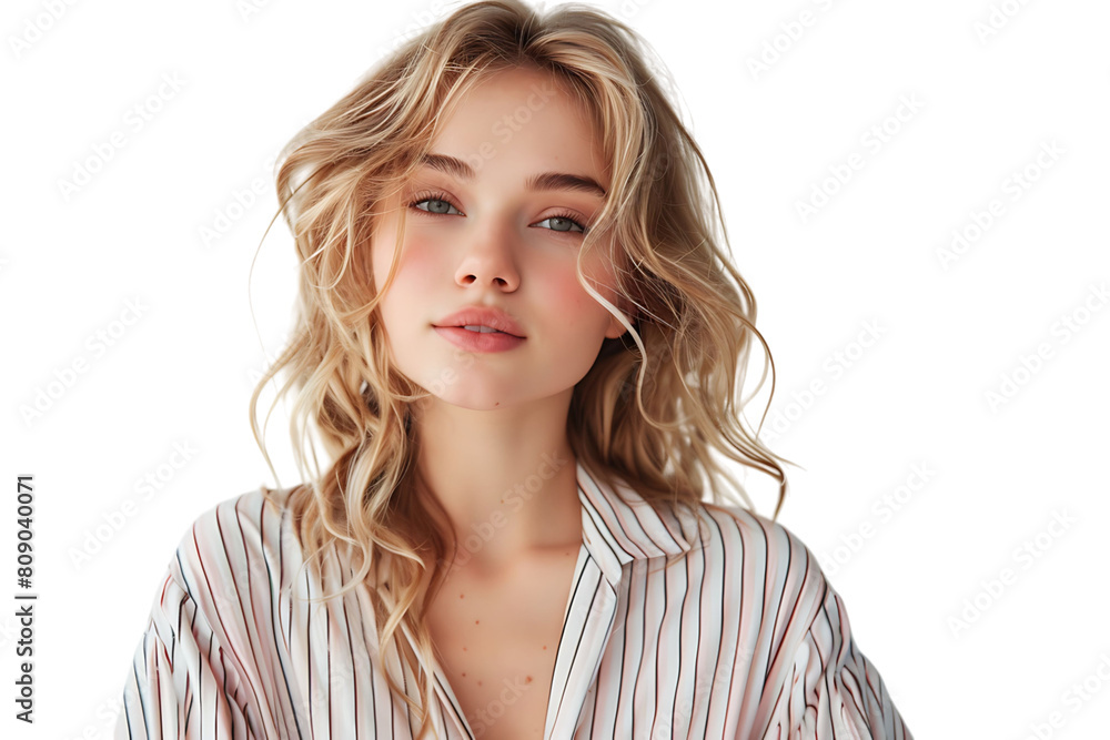 Portrait girl looking away blonde dressed in striped shirt. Fashion concept on isolated transparent background Portrait girl looking away blonde dressed in striped shirt. Fashion concept on isolated transparent background