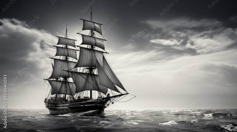 Fototapeta premium Sailors navigating wooden ship in open seas