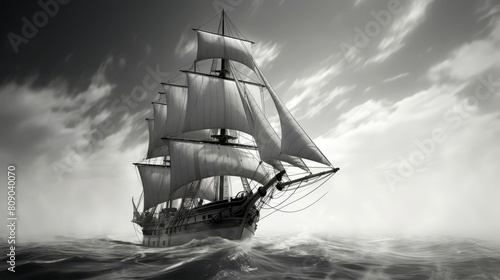 Merchant ship with sailors hoisting monochromatic sails photo