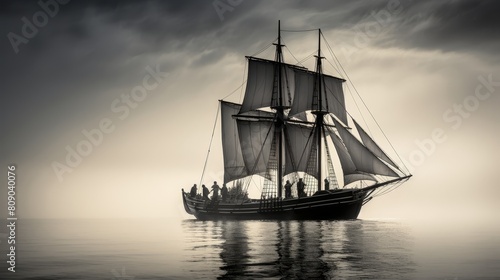 19th century merchant ship with sailors at sea