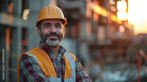 Photograph of Civil Engineer Hispanic smiling with Constuction backgrounds, use for banner cover. Success in target of project goal Handsome Middle Eastern worker. wide angle lens ambient light orange photo