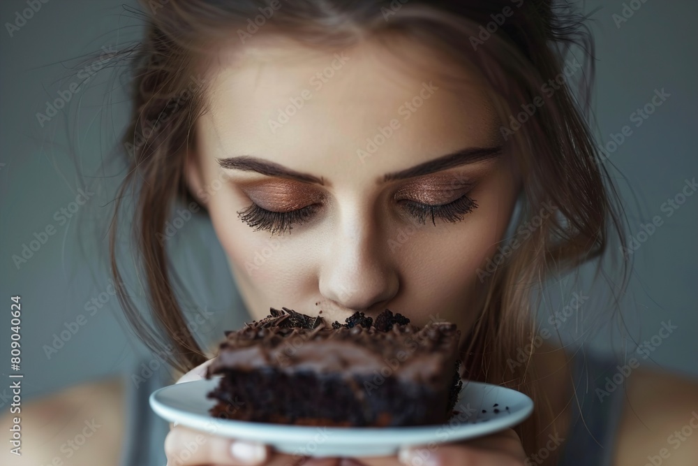 Depressed woman eats cake. Sad unhappy woman eating cake Depressed woman eats cake. Sad unhappy woman eating cake