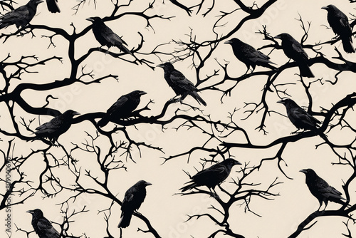 Silhouetted crows perched on bare branches creating a striking pattern against a light background