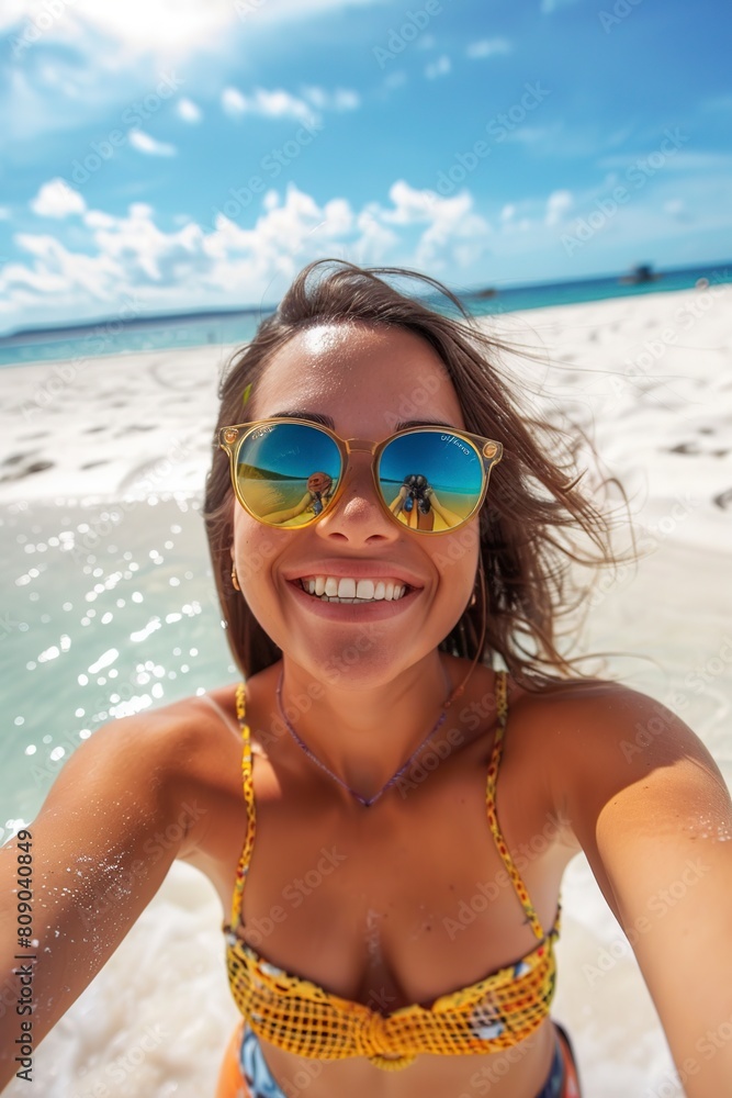 Smiling woman with colorful sunglasses Smiling woman with colorful sunglasses