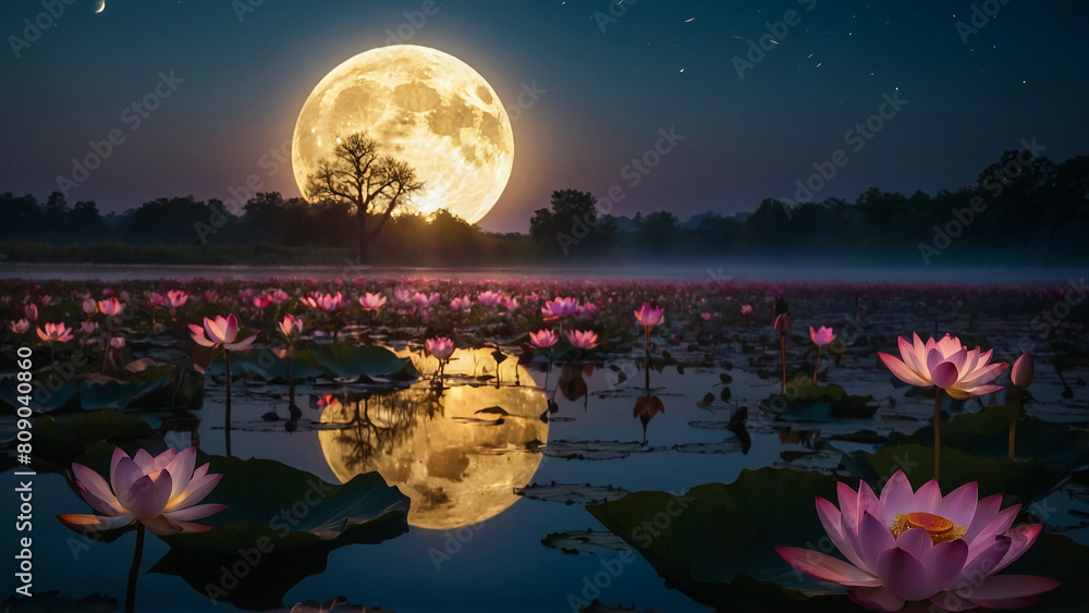 Loy Krathong festival with colorful candles light and full moon in Thailand background. Floating ritual banana leaves vessel lamp and lotus flower into the

