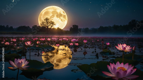 Loy Krathong festival with colorful candles light and full moon in Thailand background. Floating ritual banana leaves vessel lamp and lotus flower into the
