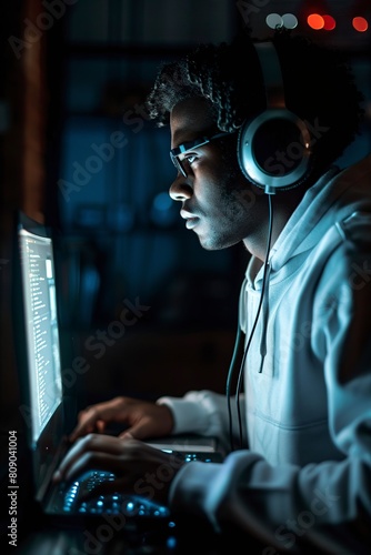 african american man in headphones using laptop computer on dark background