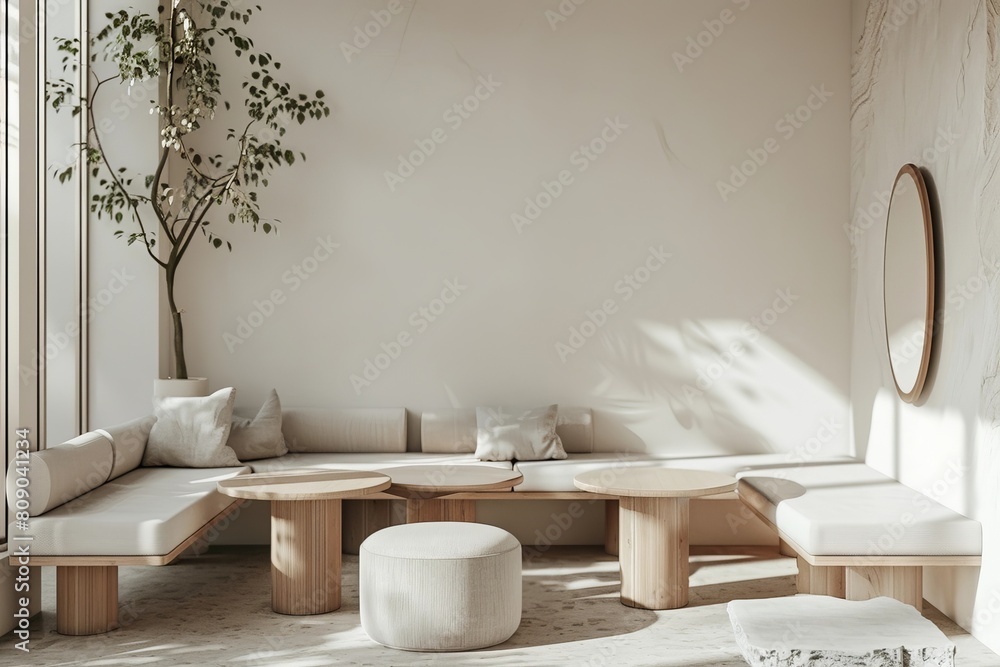 Fototapeta premium Serene Minimalist Caf Corner Offering Comfortable Seating and Soothing Dcor for Moments of Relaxation