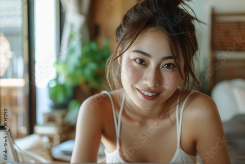 A Japanese woman, adorned in a white swimsuit, beams while engrossed in her laptop work at her workstation, displaying commitment and effectiveness in her job duties. Free Download A Japanese woman, adorned in a white swimsuit, beams while engrossed in her laptop work at her workstation, displaying commitment and effectiveness in her job duties. - GFXLoad