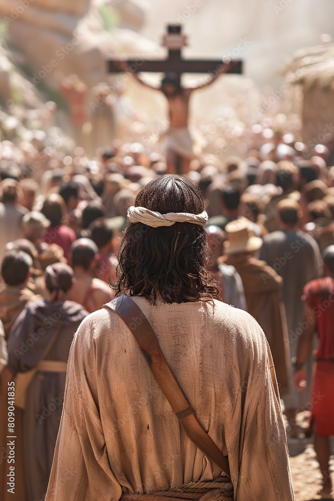 Jesus in front of a cross among a crowd of people.
